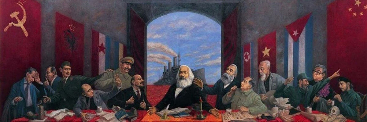 "Тайная вечеря. Переосмысление." Художник Лю Чжанчунь. Пояснительный текст:" ...По правую руку от Маркса - лидеры стран, которые изменили марксистским идеалам, а по левую - стран, идущих по пути построения социалистического общества. Слева направо: Николае Чаушеску, Энвер Ходжа, Иосип Броз Тито, Горбачев, Сталин, Владимир Ленин, Карл Маркс, Фридрих Энгельс, Мао Цзэдун, Хо Ши Мин, Фидель Кастро, Ким Ир Сен, Че Гевара. Источник - livejournal.com