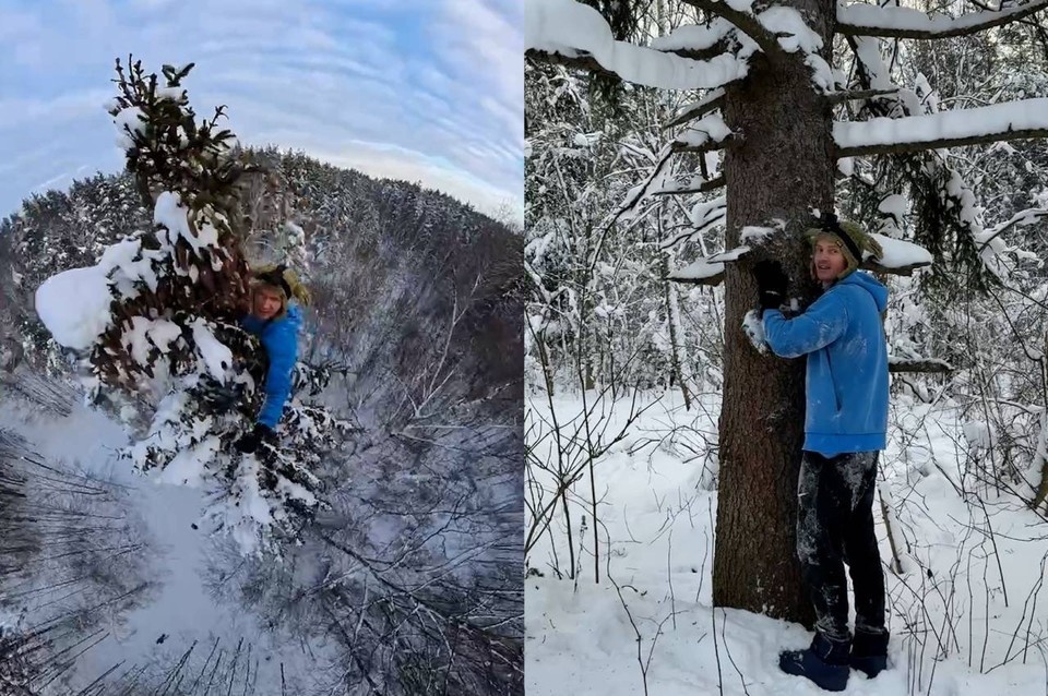    Федор покоряет деревья и снимает это на камеру. Фото: кадр из видео.