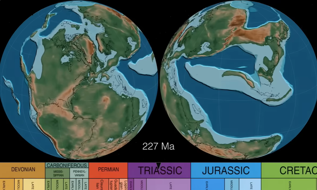 Plate tectonics, Paleogeography, & Ice Ages (dual hemispheres). Суперконтинент Пангея