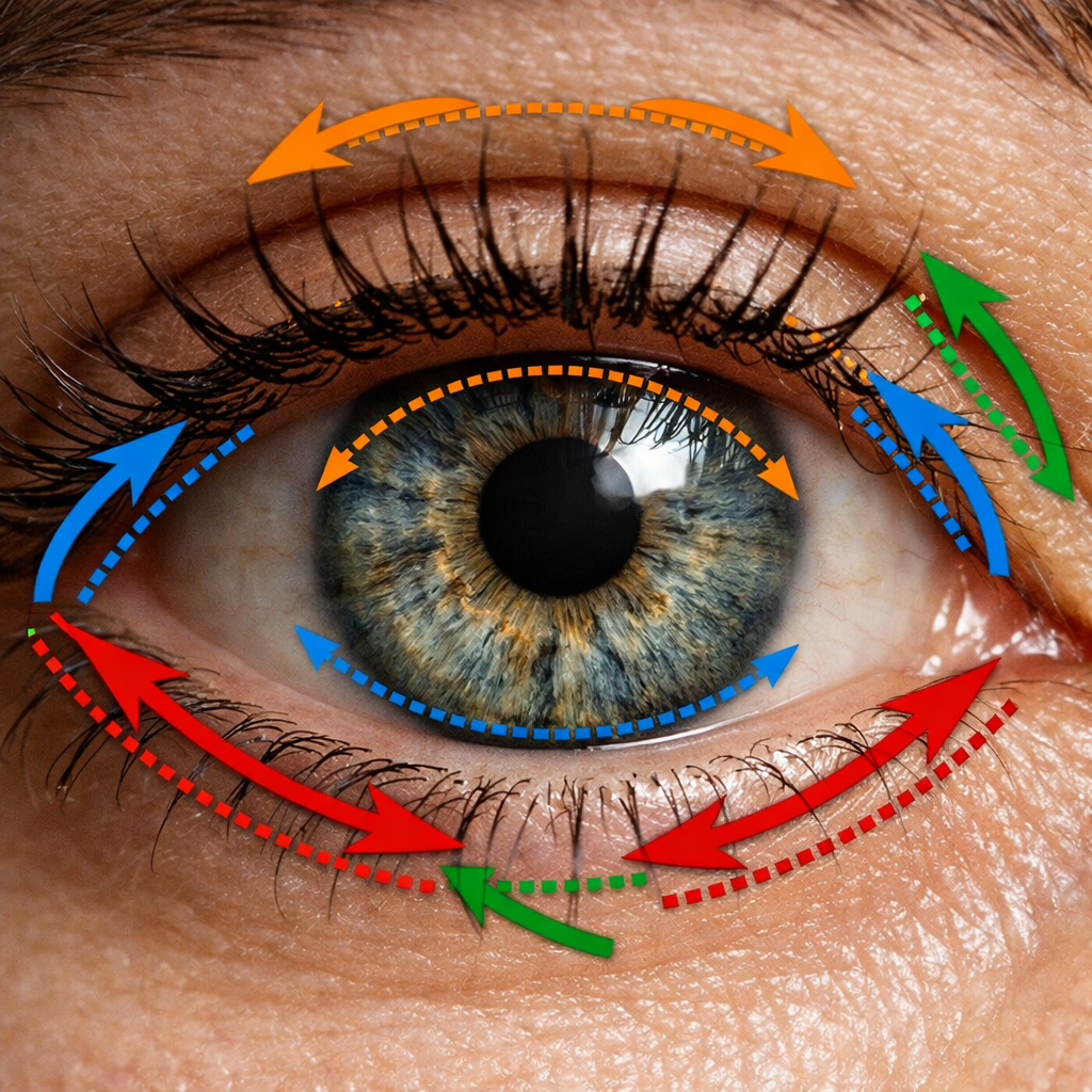 Макросъемка глаз с наложенной схемой-вектором движения микроскопических мышц