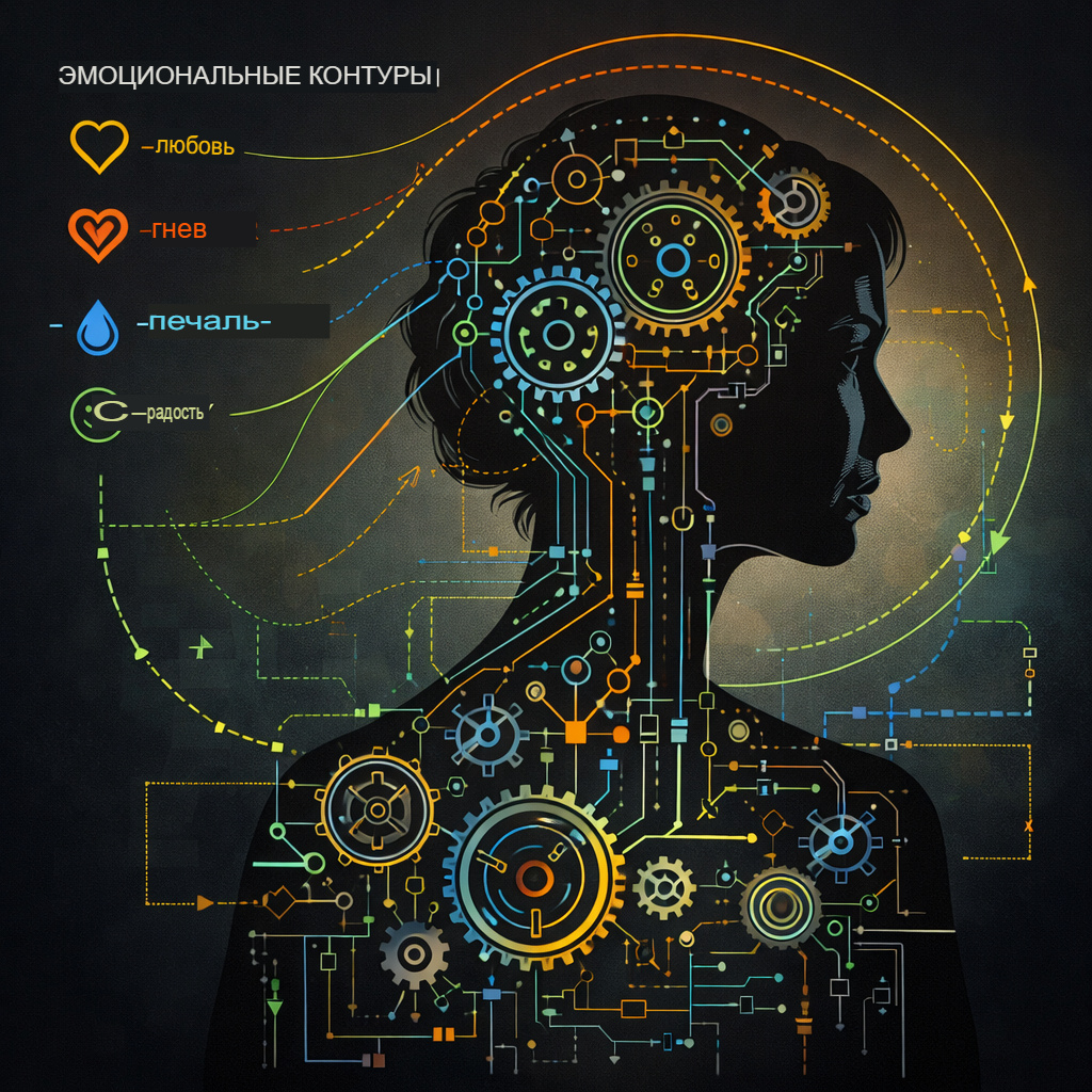 Схематичный чертеж, где силуэт артистки изображен как сложный механизм с условными обозначениями «эмоциональных контуров»
