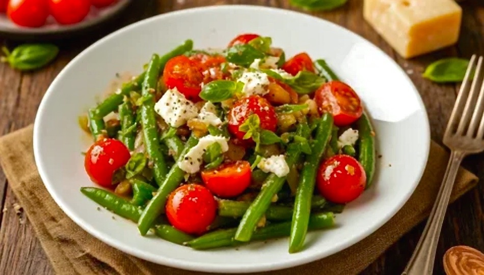 Салат из стручковой фасоли с заправкой из болгарского перца.