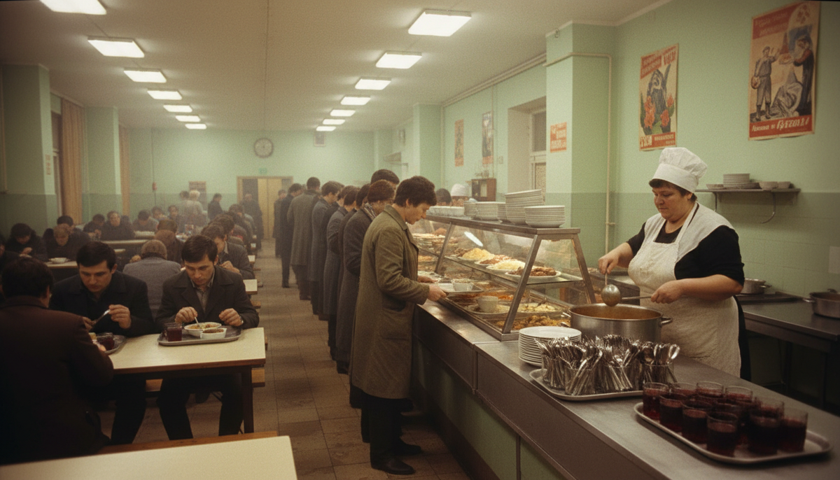  Очередь на раздаче в советской столовой, 1970-е годы