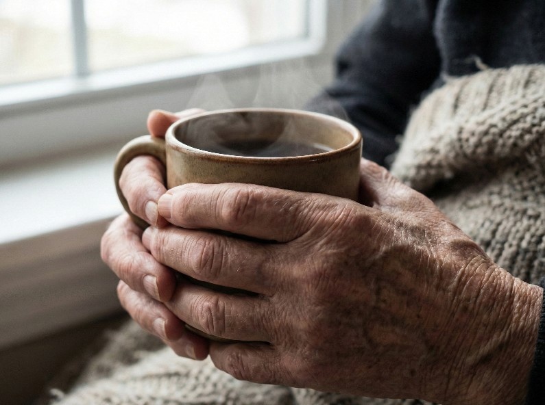 Пожилой человек греет замерзшие руки о чашку горячего чая, симптом плохого кровообращения.
