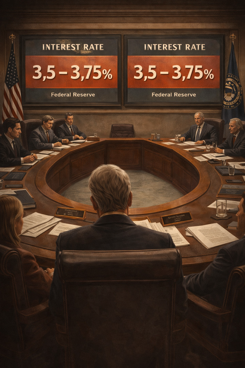 Зал заседаний центрального банка США, строгий интерьер, большие экраны с процентными ставками, цифры 3,5–3,75%, деловая атмосфера, приглушённые цвета, ощущение контроля и выжидательной позиции