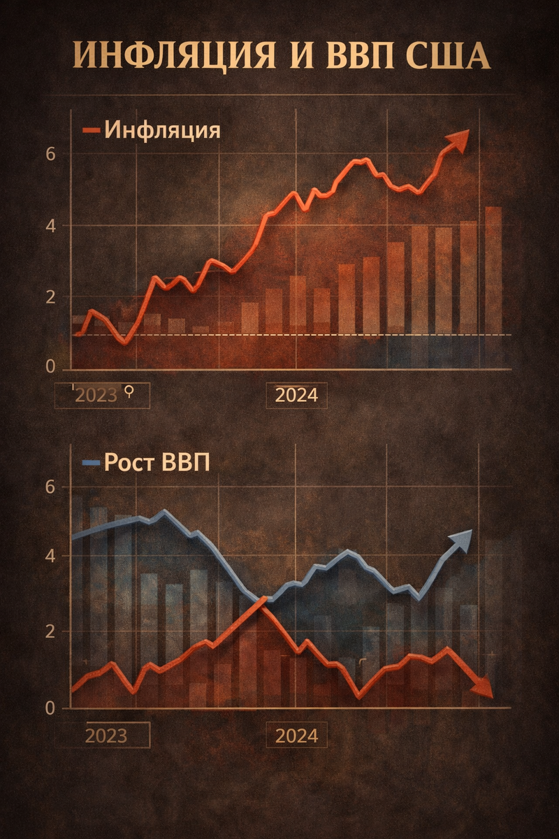 Графики инфляции и ВВП США, пересекающиеся линии роста и замедления, экономические диаграммы на тёмном фоне, ощущение напряжённого равновесия, аналитический стиль