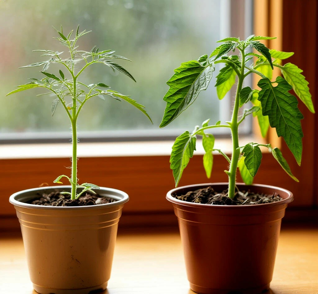 Как спасти вытянувшуюся рассаду томатов: сравнение до и после пересадки