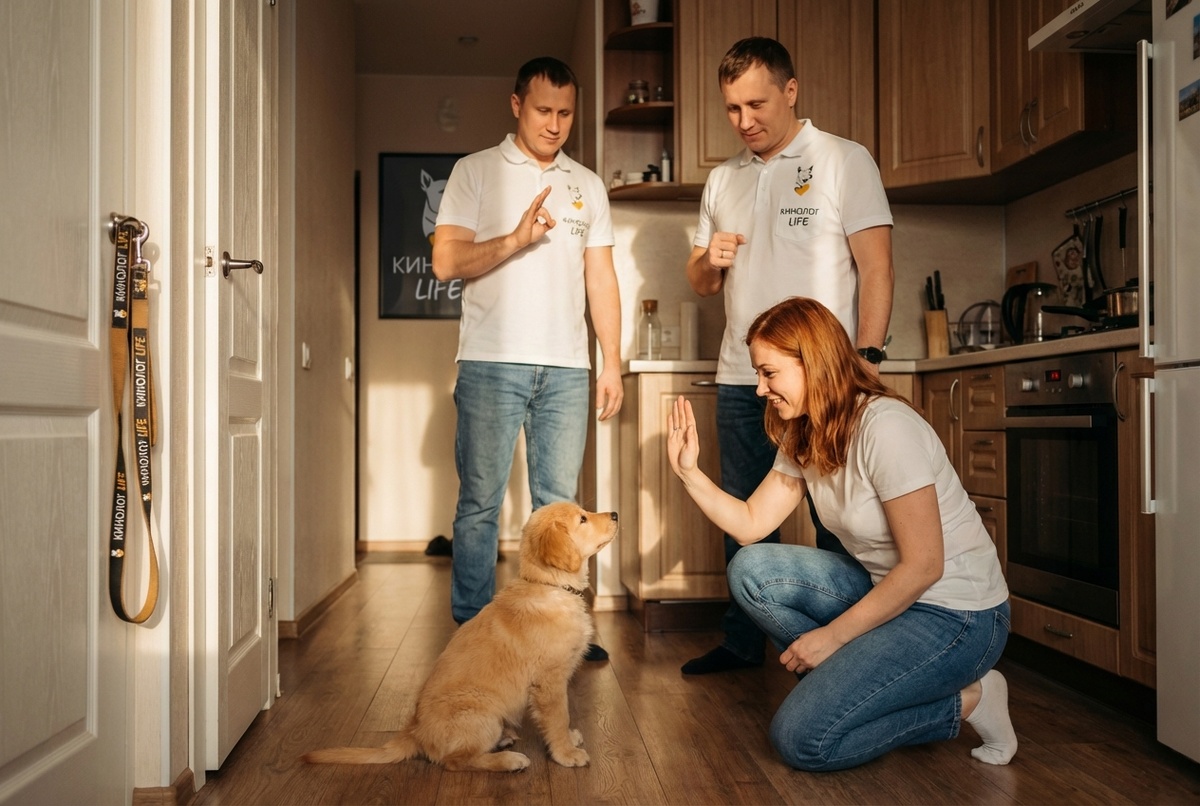 Начало дрессировки щенка дома — владелец учит щенка команде сидеть с помощью лакомства