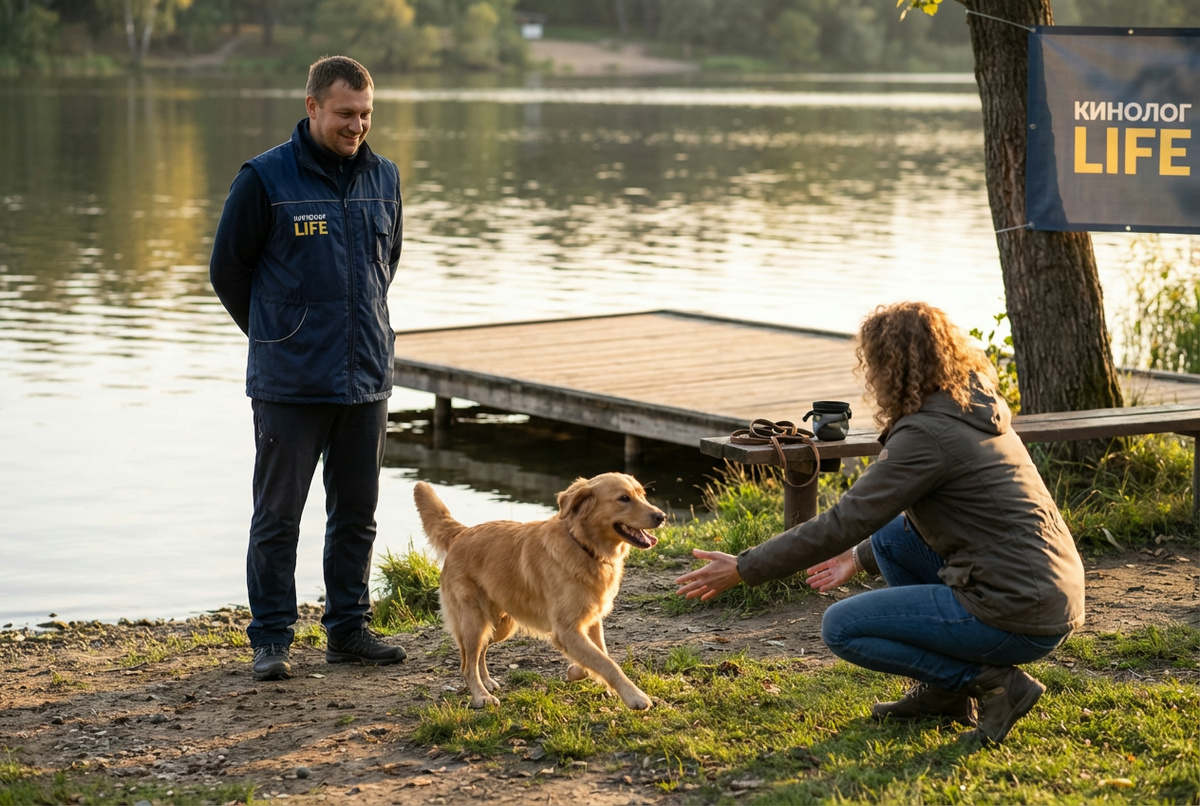 Собака выполняет команду лежать на тренировке