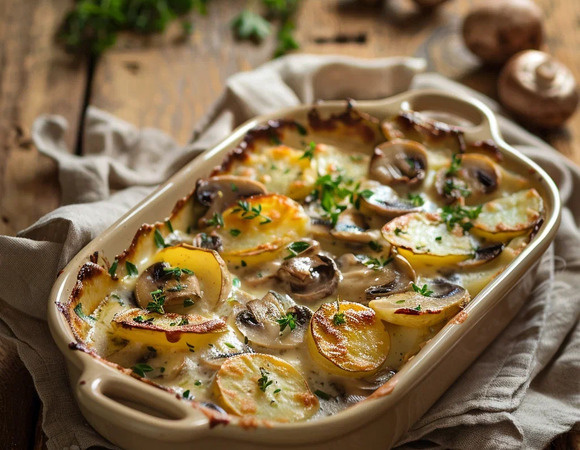 Запечённый картофель с грибами и сливками