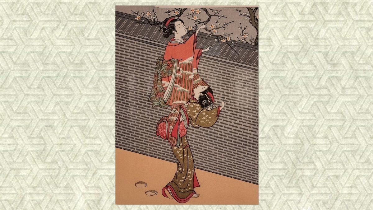 Картинка для привлечения внимания. Пусть не горы и не сакура, но девушки отламывают цветущую ветвь сливы. Кстати, сандалии-дзори валяются внизу-слева. Цветная гравюра на дереве (копия). Судзуки Харунобу, оригинал 1767—68 г.