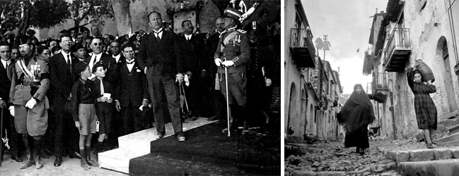 На фото слева: визит Муссолини на Сицилию. На фото справа: типичный городок Сицилии