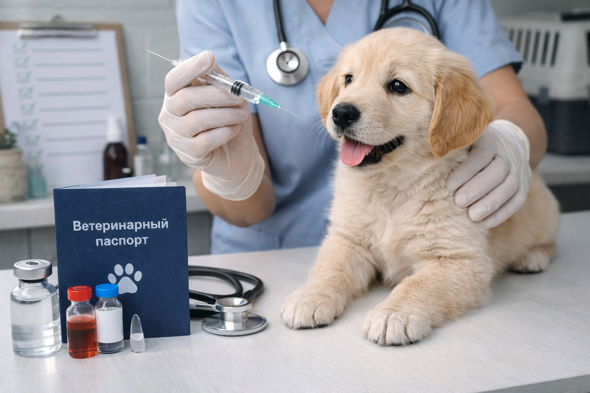 Щенок ретривера на прививке 