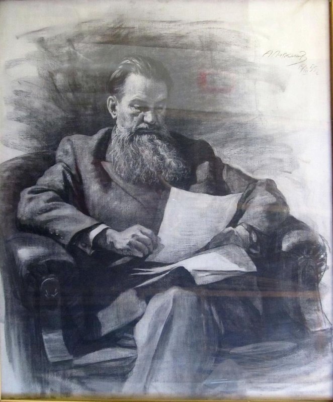 Лактионов Александр Иванович «Портрет академика Курчатова» (Москва, 1955, холст, уголь). Из коллекции Новокузнецкого художественного музея.