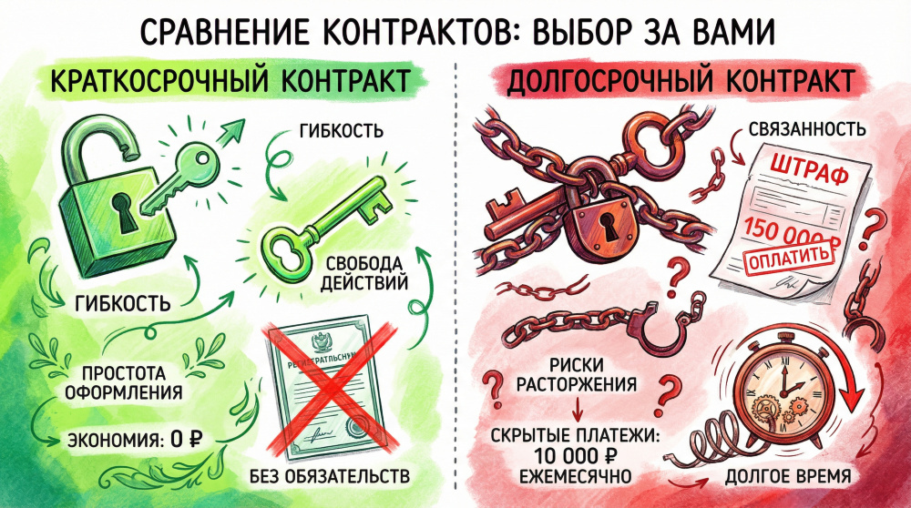    Визуальное сравнение правовых последствий краткосрочного и долгосрочного договора найма: различия в регистрации, штрафах и правах нанимателя