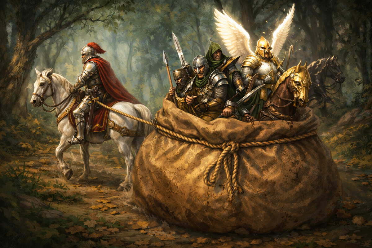 Печальное зрелище: рыцарь на белом коне волочит за собой мешок! Как его обитатели ещё живы? Иллюстрация подготовлена по помощи ChatGPT.