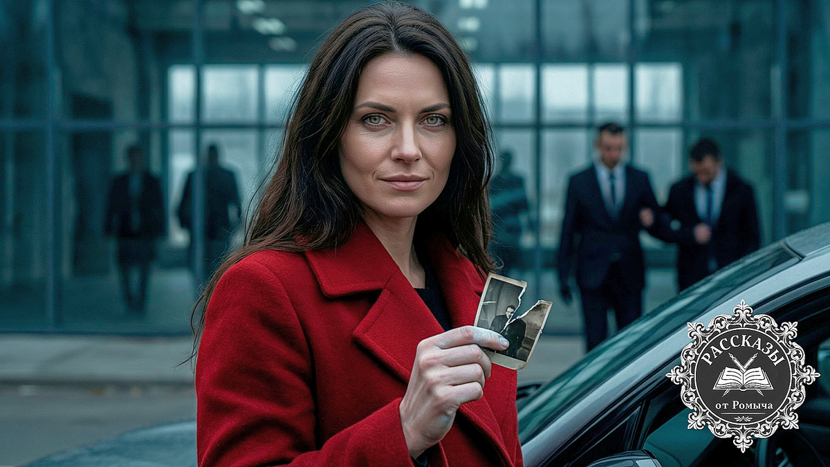 Женщина в красном пальто стоит у машины на фоне здания полиции, в руках обрывки фото