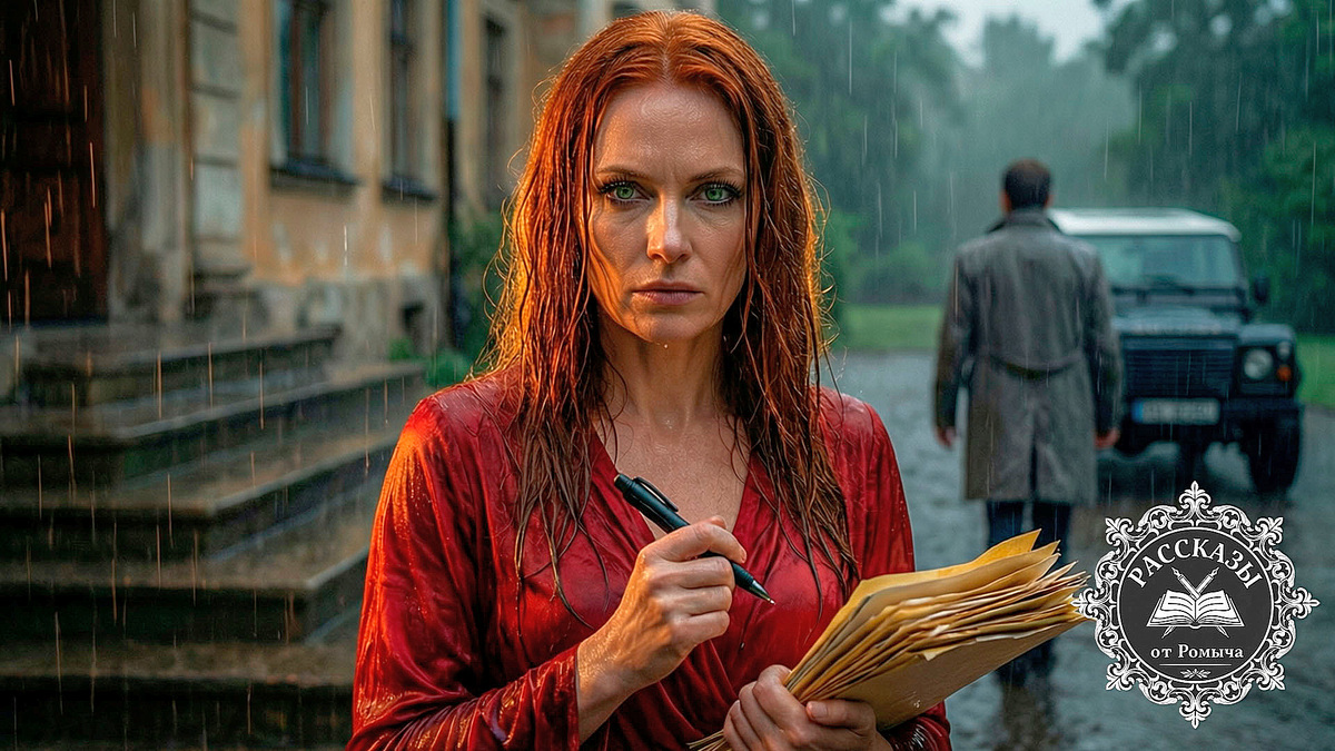 Женщина в красном платье на крыльце особняка под дождем после ареста мужа