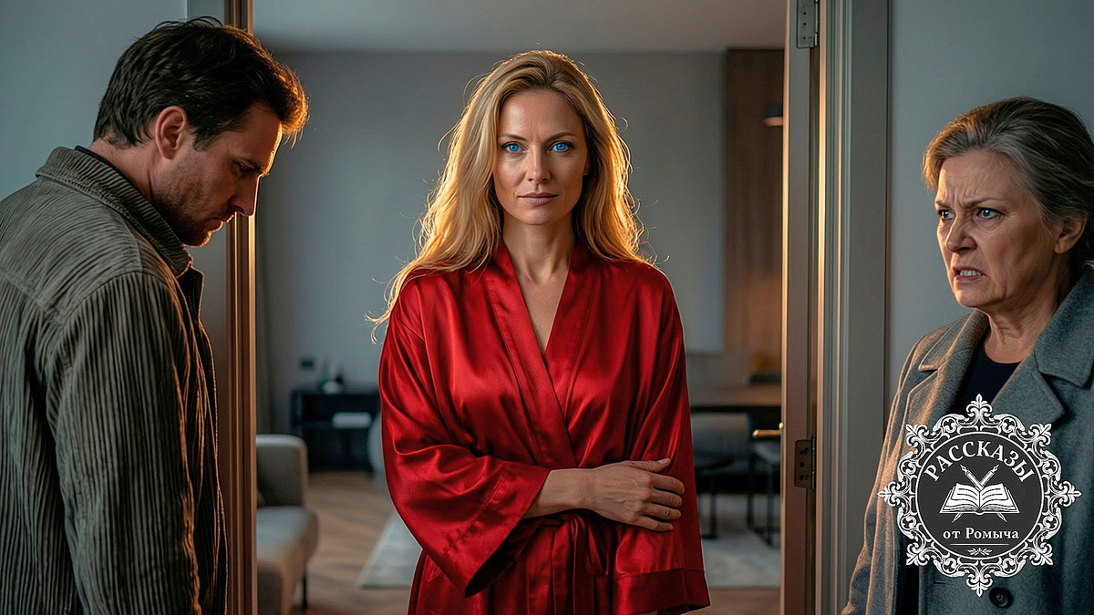 Женщина в ярко-красном халате закрывает дверь перед мужем и свекровью, празднуя свою победу