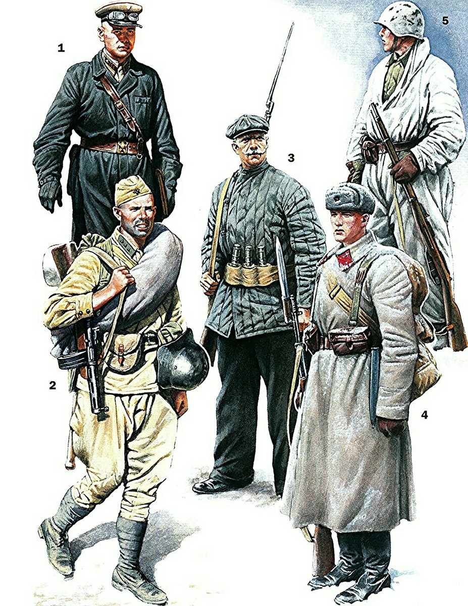 Красная Армия в 1941 — 1943 гг.

1. Полковник автобронетанковых войск Красной Армии в повседневной форме, поверх которой одет в "рабочий костюм-комбинезон" образца 1935 года. 
2. Старший сержант стрелковых частей Красной Армии в летней полевой форме.
3. Доброволец подразделения народного ополчения, либо рабочего батальона.
4. Ефрейтор стрелковых частей Красной Армии в зимней походной форме.
5. Красноармеец пехотных частей Красной Армии в белом зимнем маскировочном костюме, на голове стальной шлем СШ-40.

Художник: А. Каращук.