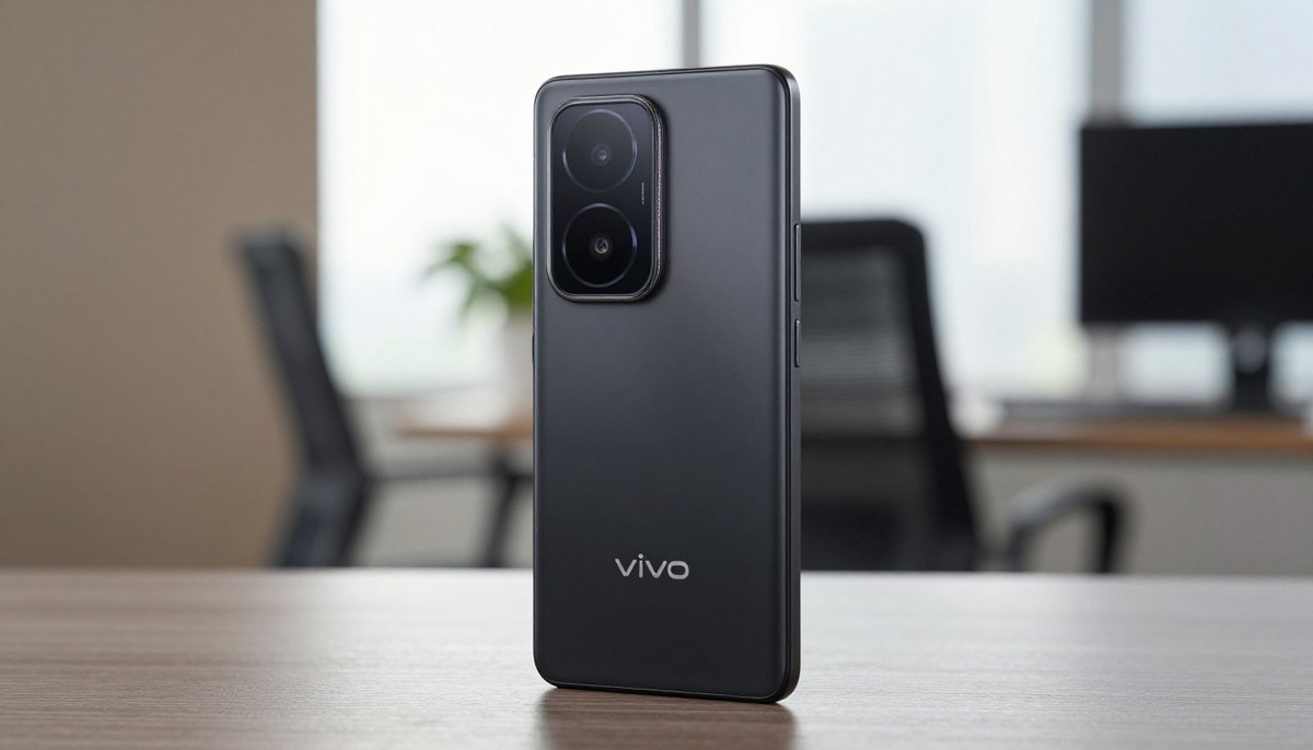 Гладкий и элегантный черный смартфон vivo V60 Lite, демонстрирующий современный дизайн и высококачественную отделку, расположен на видном месте на переднем плане. Устройство следует слегка наклонить, чтобы подчеркнуть его потрясающий дисплей и утонченные грани, а также мягкие блики, освещающие его поверхность. В центре внимания - размытый офисный фон со сдержанным декором и нейтральной цветовой палитрой, создающий профессиональную атмосферу, подчеркнутую естественным светом, льющимся из ближайшего окна. Атмосфера утонченная и технологичная, идеально подходящая для обзора продукции. На изображении отсутствуют какие-либо текстовые наложения или водяные знаки, что делает акцент исключительно на эстетике и технической элегантности смартфона.