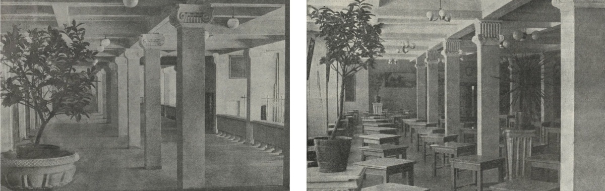 Мейеровский проезд (ныне — проспект Буденного), 21. Вестибюль и столовая комбината питания завода им. Фрунзе. Источник: журнал "Строительство Москвы", №6, 1939.