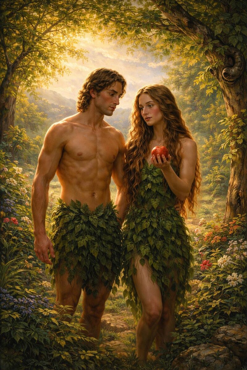 Примерно так, рисовали все художники Адаму и Еву, на основе описания из Инджиля и Таурата, то же самое и описано в Коране