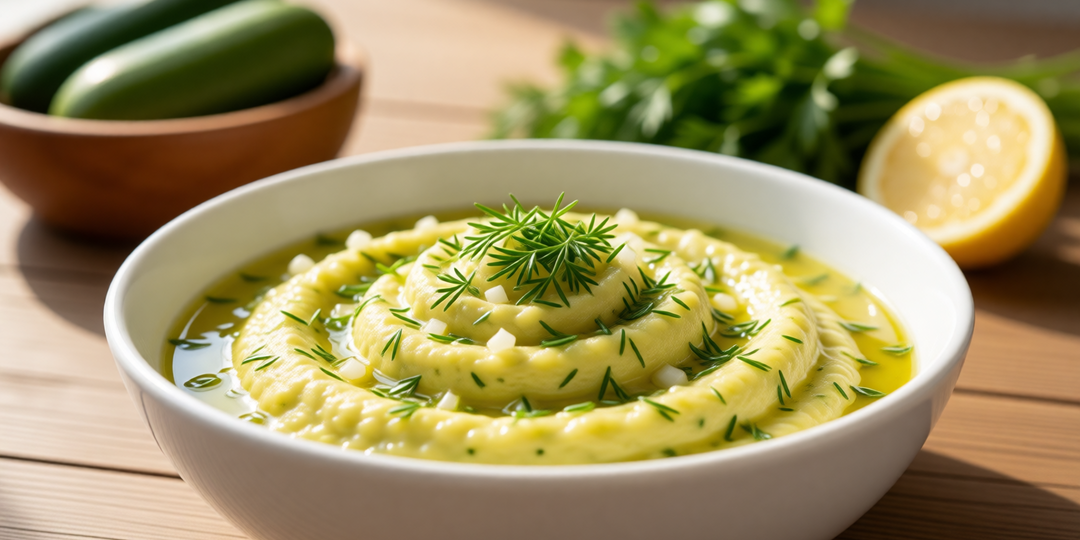 🥒 Греческий дзадзики по-питерски: вместо огурца — кабачок, вместо чеснока — лук.