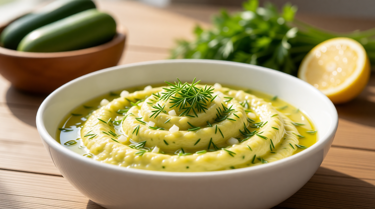 🥒 Греческий дзадзики по-питерски: вместо огурца — кабачок, вместо чеснока — лук.