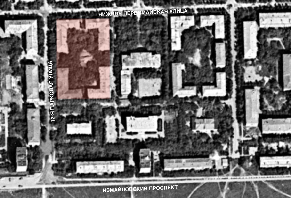 Общежития поселка Минтяжстроя на спутниковом снимке Москвы 1980 г. Источник: retromap.ru