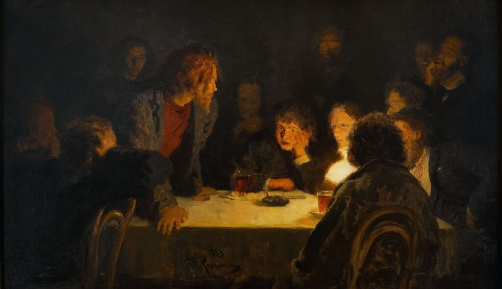 Сходка. При свете лампы. Илья Репин