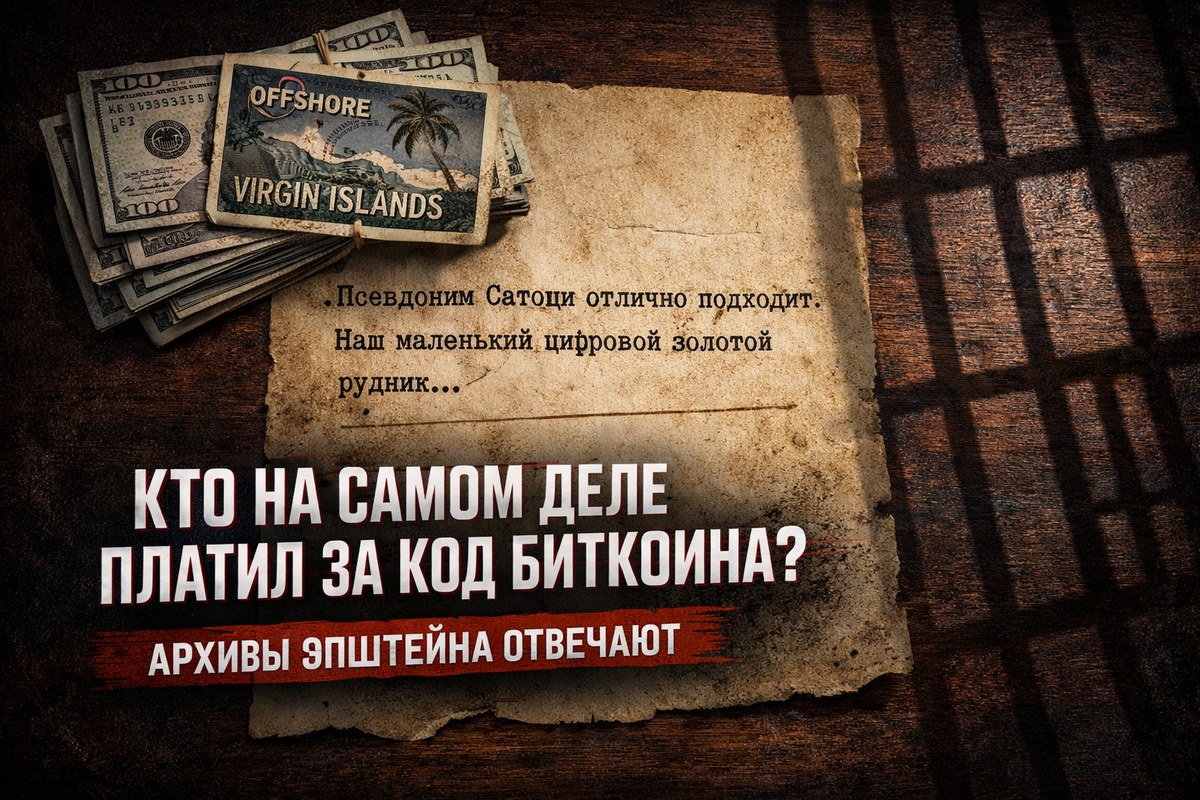 Стилизованное изображение старинного письма с текстом про биткоин, на котором лежат доллары и офшорная карта. Фон тёмный, атмосфера мрачная и конспирологическая.