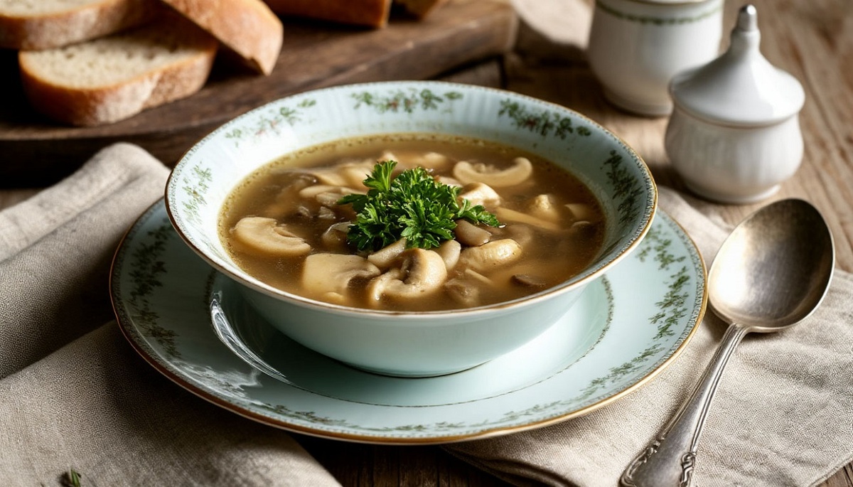 Грибной суп на курином бульоне весьма популярен в России!  «Создано с использованием искусственного интеллекта».