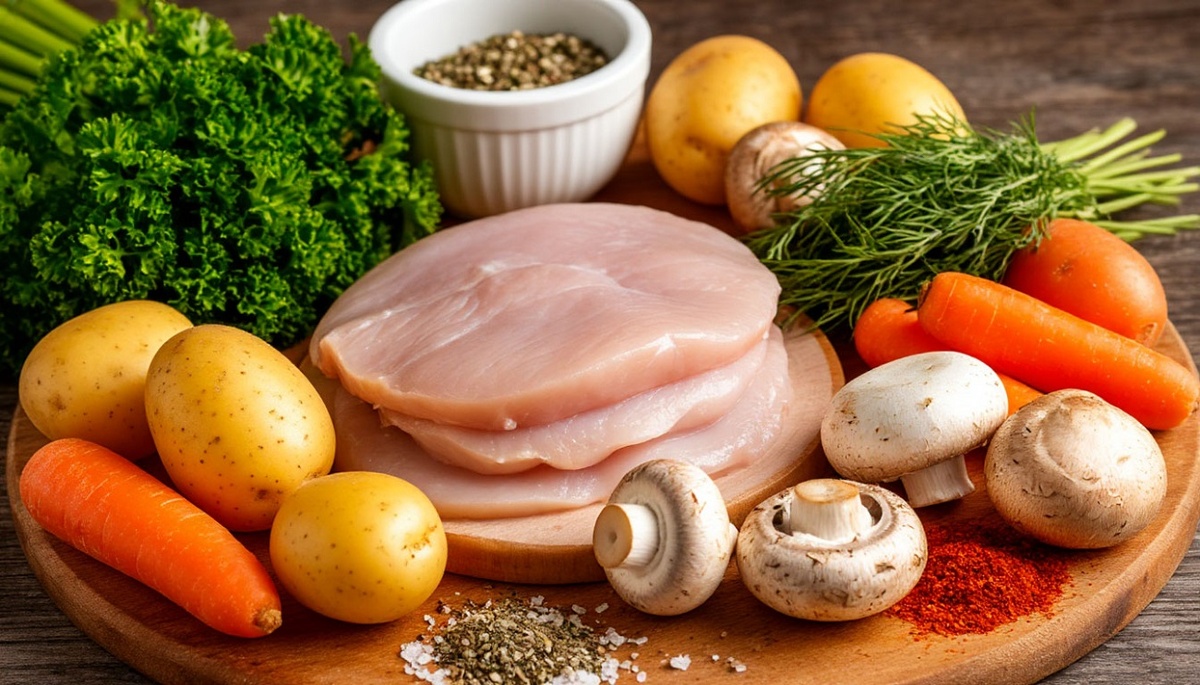 Ингредиенты для грибного супа готовы.  «Создано с использованием искусственного интеллекта».