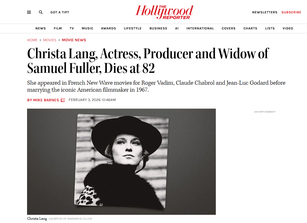Сообщают, что ушла из жизни актриса Криста Лэнг, вдова великого американского режиссёра Сэма Фуллера ("Шоковый коридор"). 

С кем только не работала актриса: с Годаром и Клодом Шабролем, звёздами французской "Новой волны". С Роже Вадимом и Питером Богдановичем, Клер Дени и Вимом Вендерсом. И, конечно же, снималась у своего супруга ("Большая красная единица", "Белая собака"). Мне доводилось разговаривать с ней о кино в Facebook - не полноценное интервью, но набор любопытных воспоминаний об исторических фигурах мирового кинематографа.  