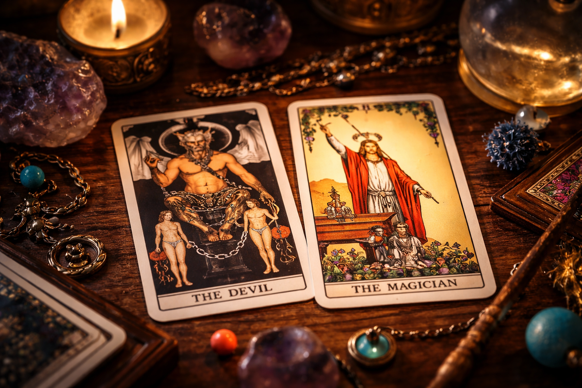 Сочетание Маг и Дьявол в Таро — момент, когда выбор и искушение лежат на одном столе.