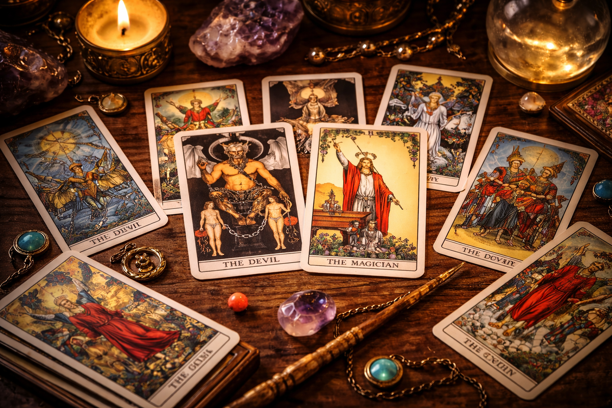 Атмосфера расклада, где карта Дьявол и Маг показывают тонкую грань между контролем и зависимостью.