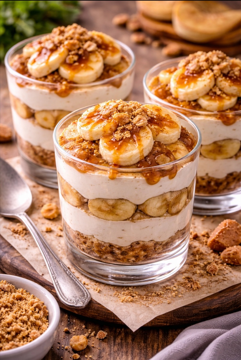 Банановый десерт с карамелью и печеньем