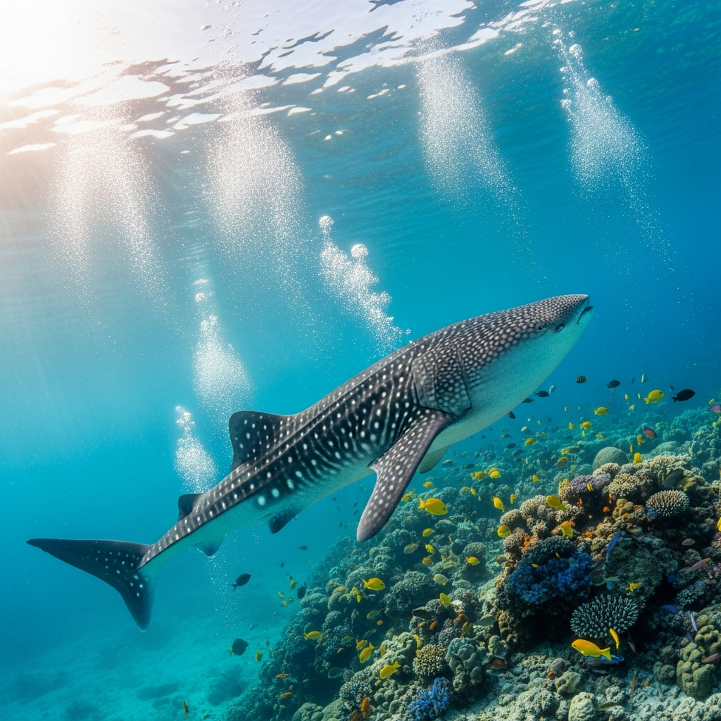 Китовая акула в кристально чистых водах атолла Южный Ари. 