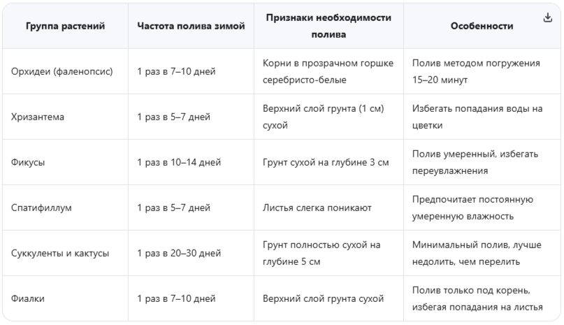 Частота полива для разных групп растений зимой