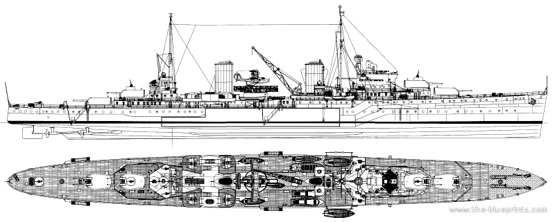 Схема внешнего вида легкого крейсера «Перт» (по состоянию на 1942 год)