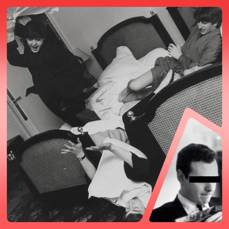 Топорный, но интригующий коллаж (мой): Битлз в... постели, а Эпштейн и его фотограф всё это заносят в файлы)