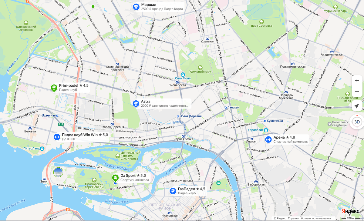 Площадки для падел-тенниса в северной части Санкт-Петербурга