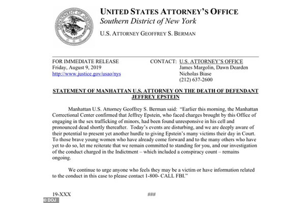    Заявление прокурора от 9 августа 2019 года / U.S. Department of Justice (DOJ)