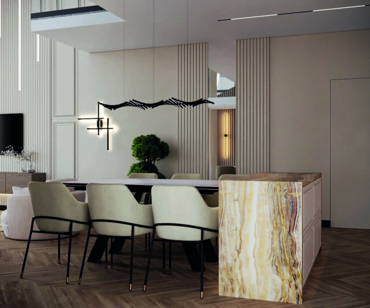 Молдинги и декоративные панели подчеркивают геометрию пространства, делают его стильным, элегантным и при этом уютным. Проект дизайнера-архитектора Анны Нижегородцевой (г. Новосибирск). Дизайнер Мария Никитенкова, визуализатор Евгений Бикмурзин. В проекте использованы панели Европласт 6.59.801-280, 1.59.819.
