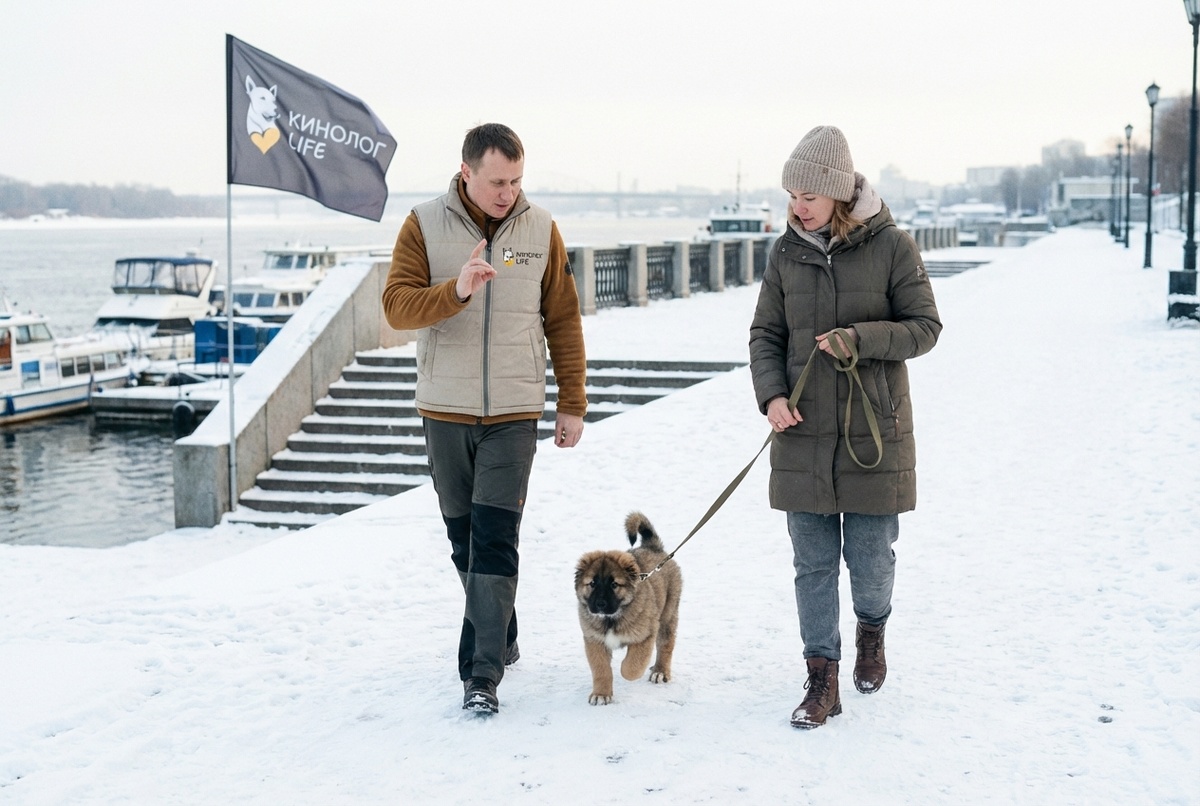 начало воспитания щенков — маленький щенок сидит рядом с хозяином и смотрит вверх