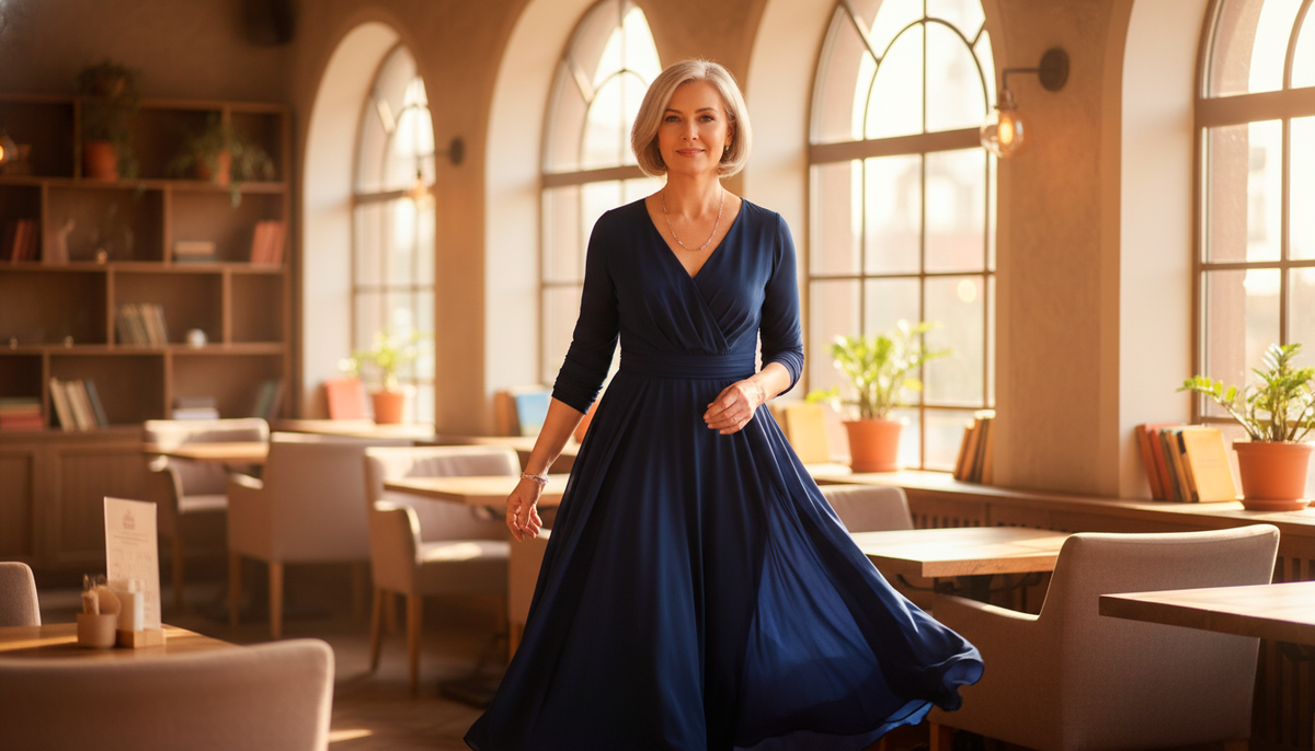 Женщина выглядит естественно красивой, не моделью - "такой же как я, только в платье". Тёплые тона и улыбка создают ощущение "хочу узнать её секрет".