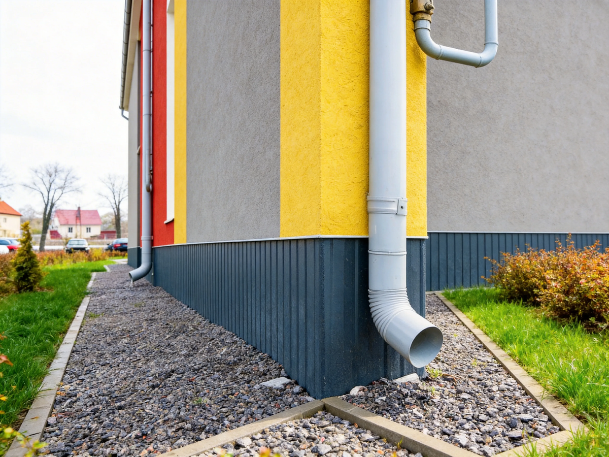 Под красивой галькой скрывается сложный дренажный механизм. Каждый слой здесь работает на одну задачу: отвести воду от фундамента, а не просто украсить участок.