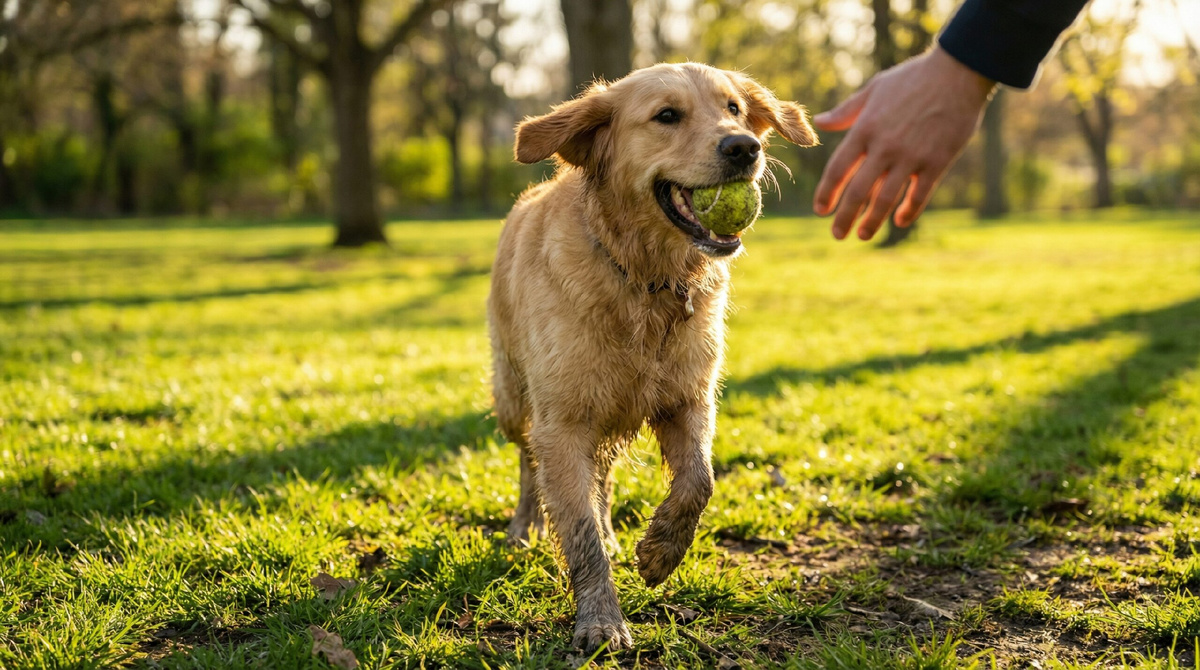 породы собак хорошо поддающиеся дрессировке — золотистый ретривер приносит апорт хозяину в парке
