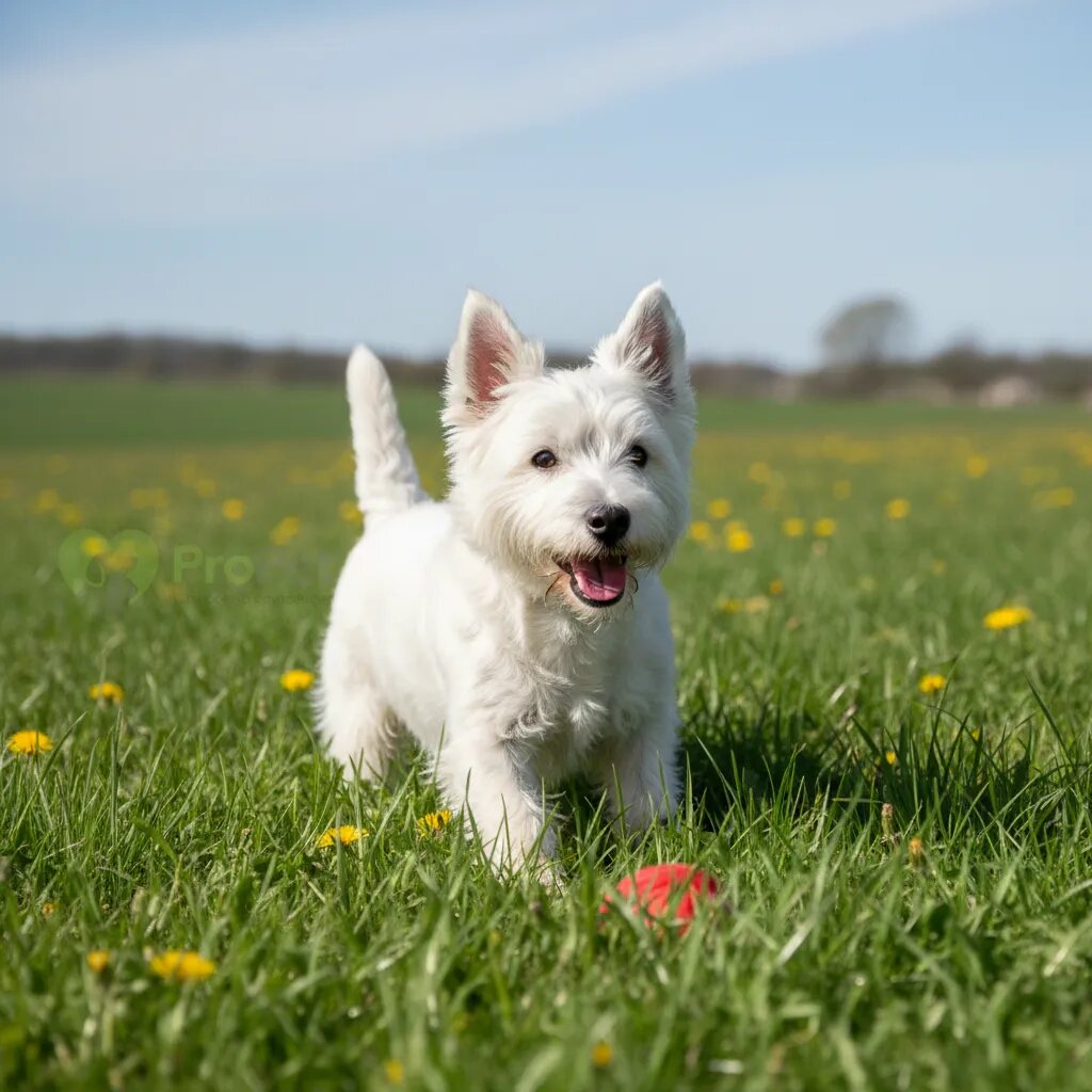 Веселый вест-хайленд-уайт-терьер на траве